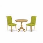 3 Pc Dining Set, 1 Round Pedestal Table, 2 Autumn Green Pu Leather Parsons Chair High Back, Nail Heads, Oak Finish