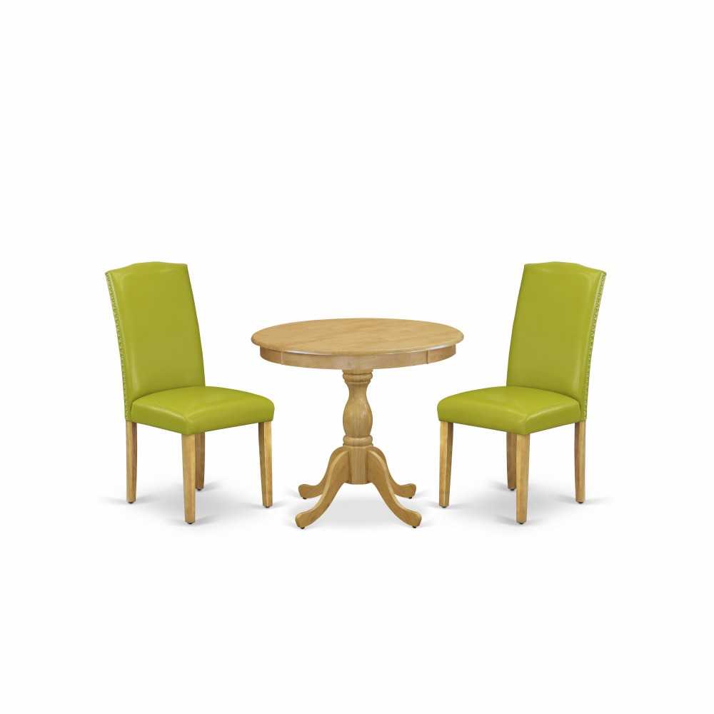 3 Pc Dining Set, 1 Round Pedestal Table, 2 Autumn Green Pu Leather Parsons Chair High Back, Nail Heads, Oak Finish