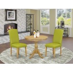 3 Pc Dining Set, 1 Round Pedestal Table, 2 Autumn Green Pu Leather Parsons Chair High Back, Nail Heads, Oak Finish