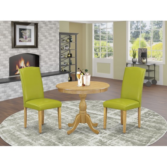 3 Pc Dining Set, 1 Round Pedestal Table, 2 Autumn Green Pu Leather Parsons Chair High Back, Nail Heads, Oak Finish