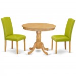 3Pc Rounded 36" Dining Table, 2 Parson Chair, Oak Leg, Pu Leather Color Autumn Green