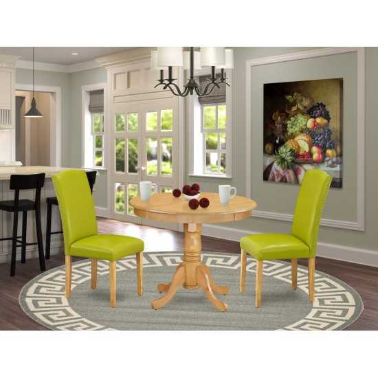 3Pc Rounded 36" Dining Table, 2 Parson Chair, Oak Leg, Pu Leather Color Autumn Green