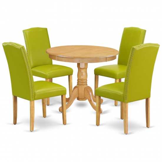 5Pc Round 36" Table, 4 Parson Chair, Oak Leg, Pu Leather Color Autumn Green