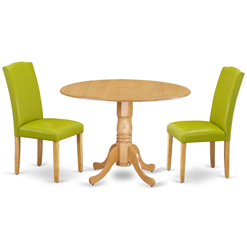 3Pc Round 42" Kitchen Table, Two 9-Inch Drop Leaves, Pair Of Parson Chair, Oak Leg, Pu Leather Color Autumn Green 3Pc Round 42" Kitchen Table, Two 9-Inch Drop Leaves, Pair Of Parson Chair, Oak Leg, Pu Leather Color Autumn Green