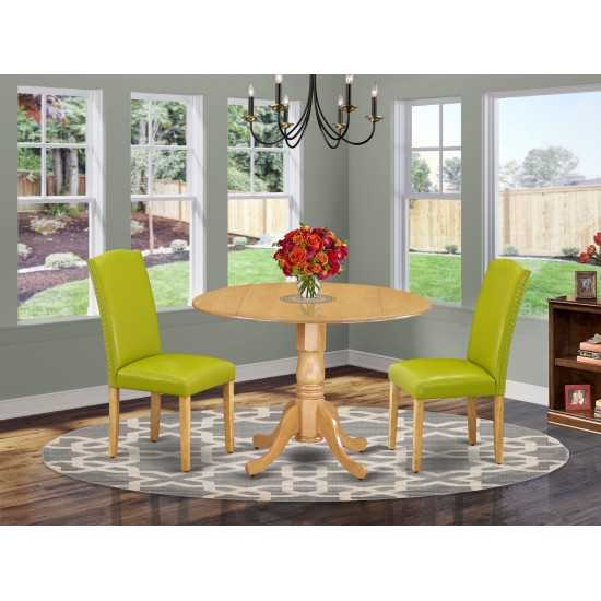 3Pc Round 42" Kitchen Table, Two 9-Inch Drop Leaves, Pair Of Parson Chair, Oak Leg, Pu Leather Color Autumn Green