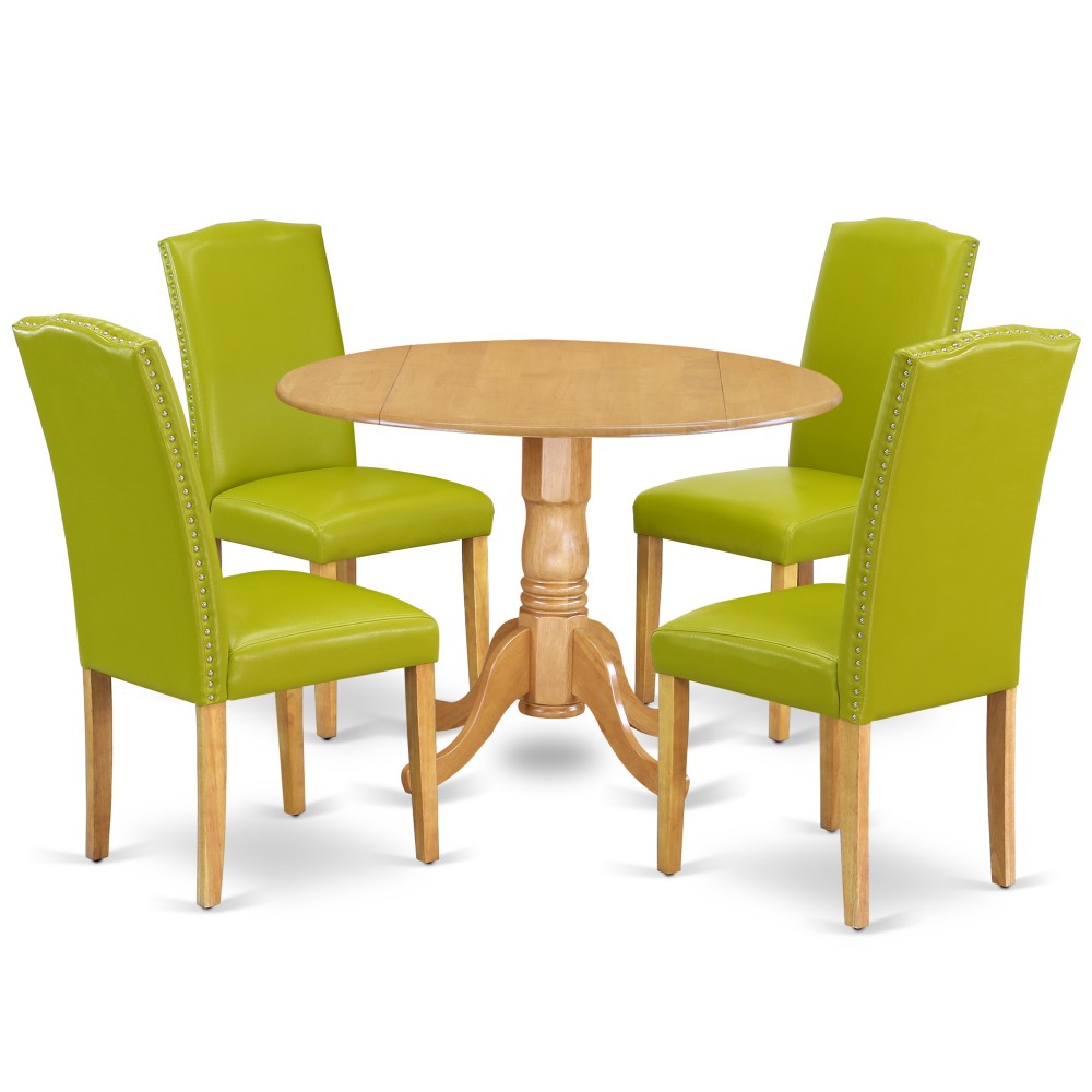 5Pc Round 42" Kitchen Table, Two 9-Inch Drop Leaves, Four Parson Chair, Oak Leg, Pu Leather Color Autumn Green