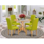 5Pc Round 42" Kitchen Table, Two 9-Inch Drop Leaves, Four Parson Chair, Oak Leg, Pu Leather Color Autumn Green