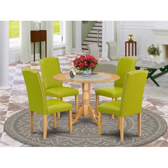 5Pc Round 42" Kitchen Table, Two 9-Inch Drop Leaves, Four Parson Chair, Oak Leg, Pu Leather Color Autumn Green