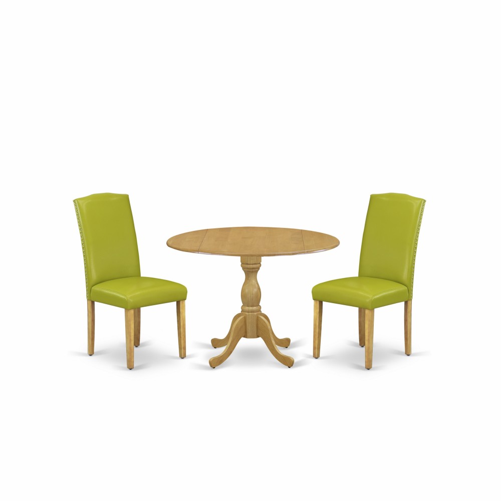 3 Pc Kitchen Set, Oak Breakfast Table, 2 Autumn Green Pu Leather Chairs For Dining Room, High Back, Oak Finish