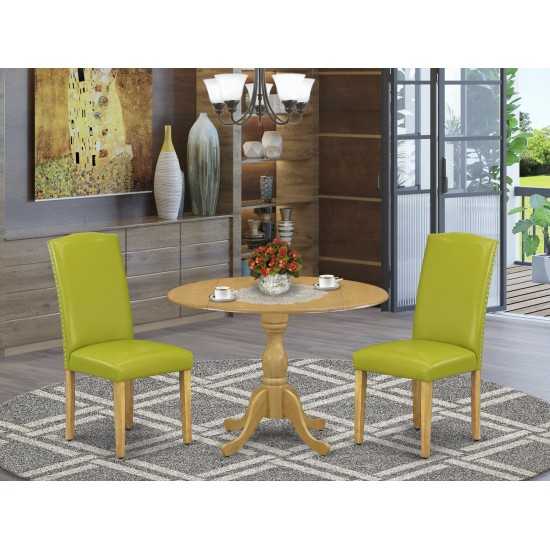 3 Pc Kitchen Set, Oak Breakfast Table, 2 Autumn Green Pu Leather Chairs For Dining Room, High Back, Oak Finish