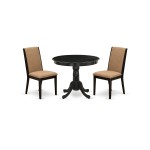 3Pc Wood Dining Set, Pedestal Table, 2 Chairs, Light Sable Chairs Seat, Rubber Wood Legs, Black