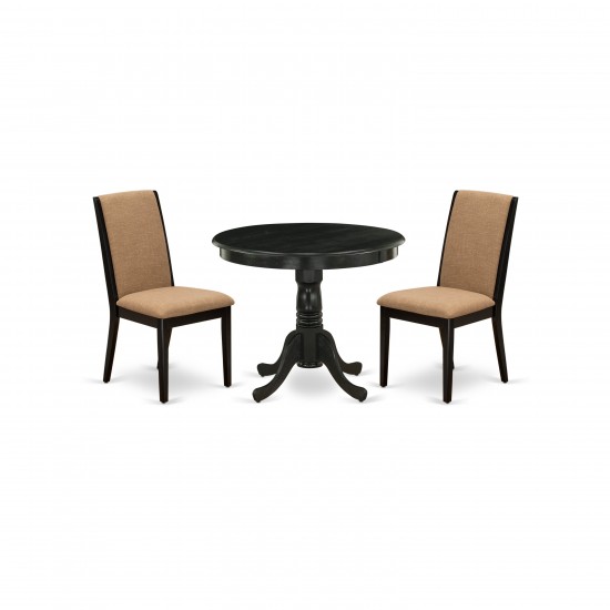 3Pc Wood Dining Set, Pedestal Table, 2 Chairs, Light Sable Chairs Seat, Rubber Wood Legs, Black