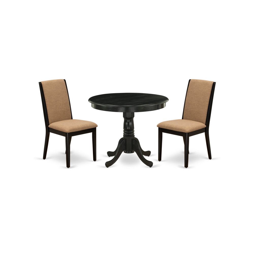 3Pc Wood Dining Set, Pedestal Table, 2 Chairs, Light Sable Chairs Seat, Rubber Wood Legs, Black