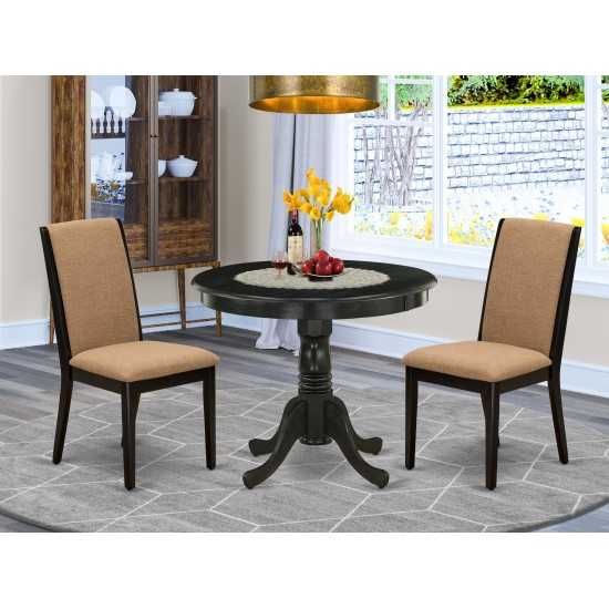 3Pc Wood Dining Set, Pedestal Table, 2 Chairs, Light Sable Chairs Seat, Rubber Wood Legs, Black