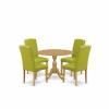 5 Pc Dining Set, Oak Breakfast Table, 4 Autumn Green Pu Leather Chairs, High Back, Oak Finish