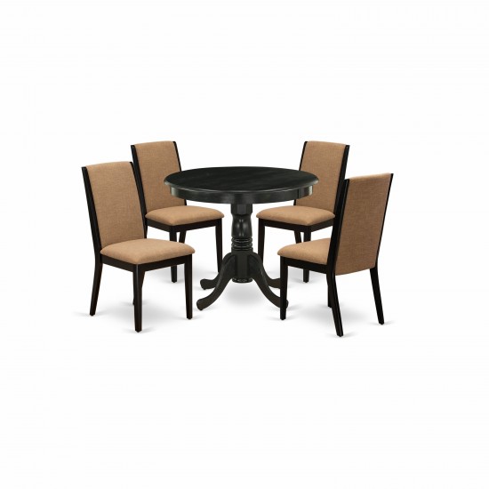 5Pc Round Dinette Set, Round Dinette Table, 4 Parson Dining Chairs, Light Sable Kitchen Chairs Seat, Rubber Wood Legs, Black