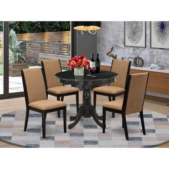 5Pc Round Dinette Set, Round Dinette Table, 4 Parson Dining Chairs, Light Sable Kitchen Chairs Seat, Rubber Wood Legs, Black