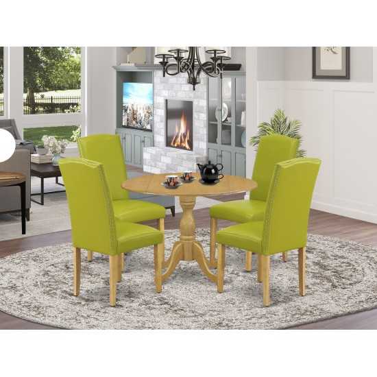 5 Pc Dining Set, Oak Breakfast Table, 4 Autumn Green Pu Leather Chairs, High Back, Oak Finish