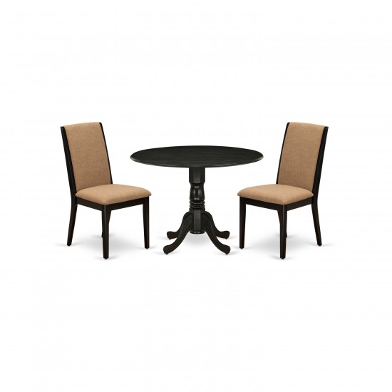 3Pc Kitchen Dining Set, Round Wood Kitchen Table, 2 Chairs, Light Sable Parson Chairs Seat, Rubber Wood Legs, Black