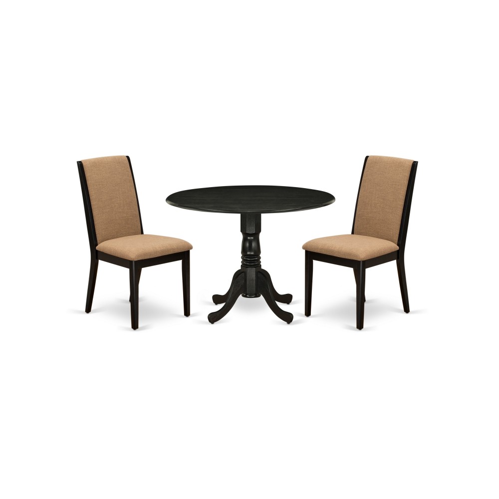 3Pc Kitchen Dining Set, Round Wood Kitchen Table, 2 Chairs, Light Sable Parson Chairs Seat, Rubber Wood Legs, Black