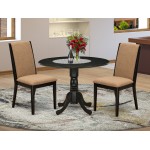 3Pc Kitchen Dining Set, Round Wood Kitchen Table, 2 Chairs, Light Sable Parson Chairs Seat, Rubber Wood Legs, Black