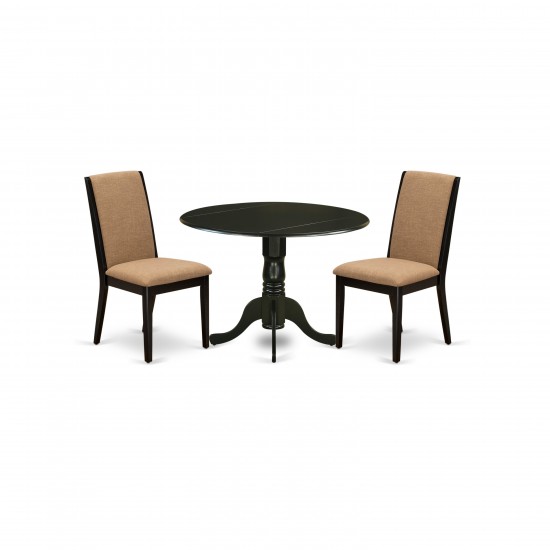 3Pc Dining Set, Round Dining Table, 2 Kitchen Chairs, Light Sable Seat, Black