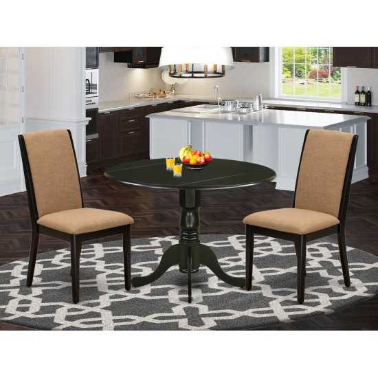 3Pc Dining Set, Round Dining Table, 2 Kitchen Chairs, Light Sable Seat, Black