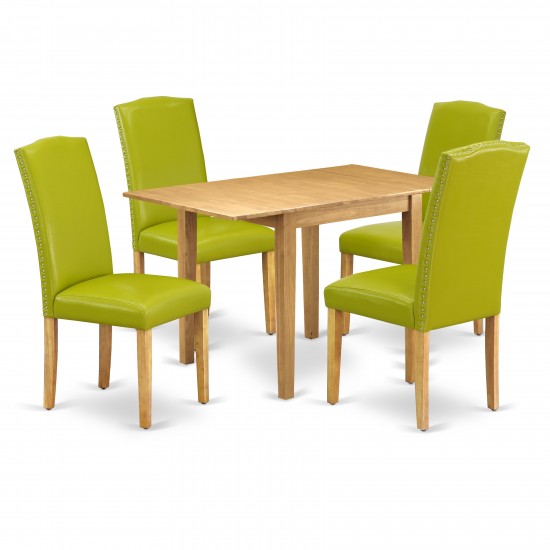 Dining Set 5 Pcs 4 Chairs, Table Oak Finish Wood Autumn Green Color Pu Leather