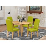 Dining Set 5 Pcs 4 Chairs, Table Oak Finish Wood Autumn Green Color Pu Leather