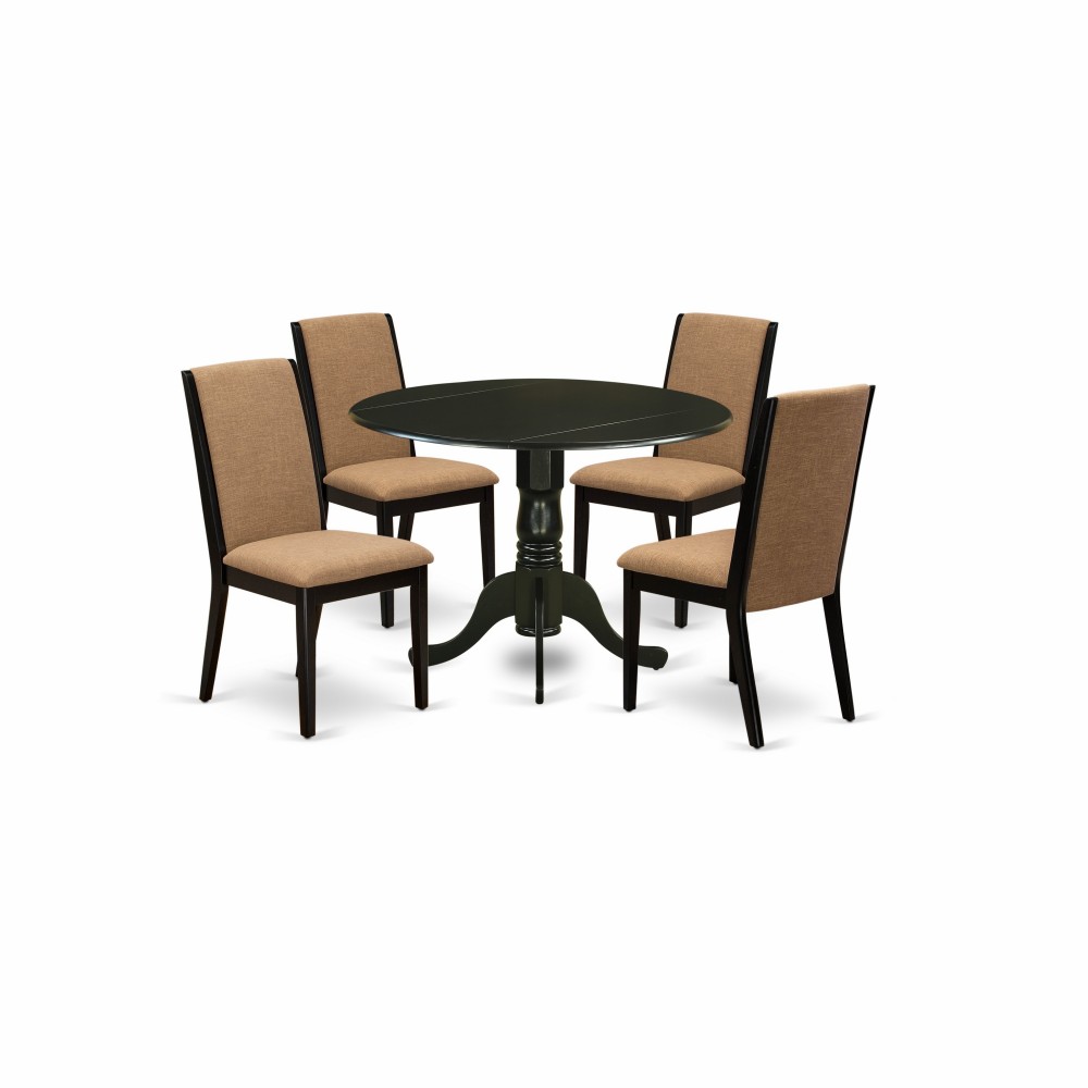 5Pc Dining Set, Round Table, 4 Chairs, Light Sable Chairs Seat, Rubber Wood Legs, Black