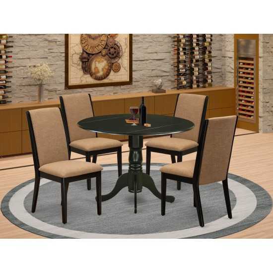 5Pc Dining Set, Round Table, 4 Chairs, Light Sable Chairs Seat, Rubber Wood Legs, Black