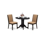 3Pc Dining Set, Round Dining Table, 2 Kitchen Chairs, Light Sable Seat, Black