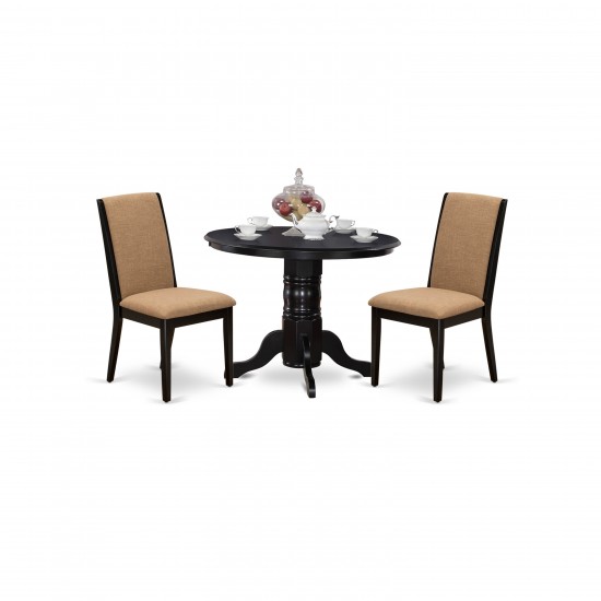 3Pc Dining Set, Round Dining Table, 2 Kitchen Chairs, Light Sable Seat, Black