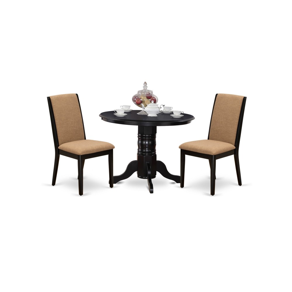 3Pc Dining Set, Round Dining Table, 2 Kitchen Chairs, Light Sable Seat, Black