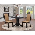 3Pc Dining Set, Round Dining Table, 2 Kitchen Chairs, Light Sable Seat, Black