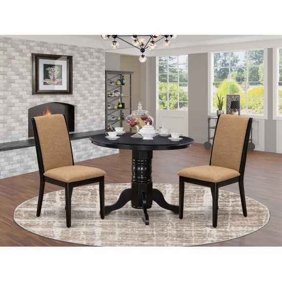 3Pc Dining Set, Round Dining Table, 2 Kitchen Chairs, Light Sable Seat, Black