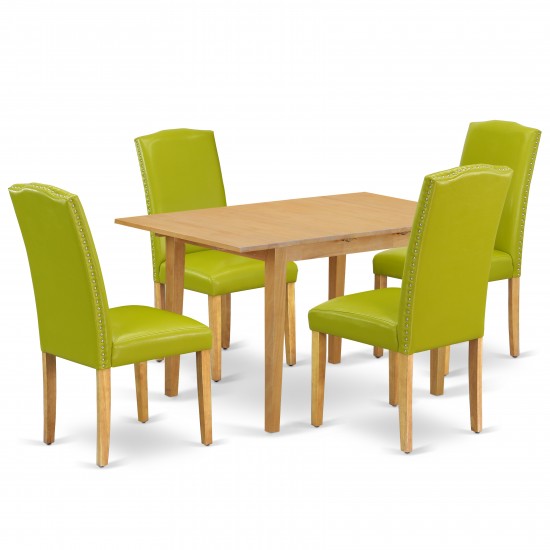 5Pc Rectangle 42/53.5" Dinette Table, 12 In Leaf, Four Parson Chair, Oak Leg, Pu Leather Color Autumn Green