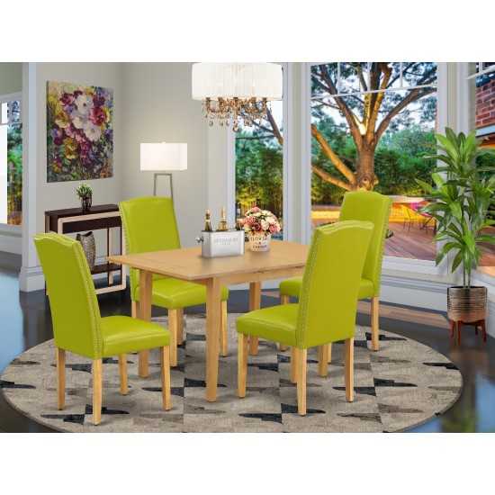 5Pc Rectangle 42/53.5" Dinette Table, 12 In Leaf, Four Parson Chair, Oak Leg, Pu Leather Color Autumn Green