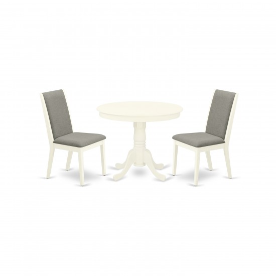 3Pc Round Dining Set, Table, 2 Parson Chairs, Shitake Parson Chairs Seat, Rubber Wood Legs, Linen White