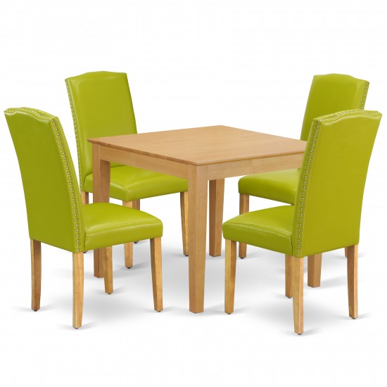 5Pc Square 36" Table, Four Parson Chair, Oak Leg, Pu Leather Color Autumn Green