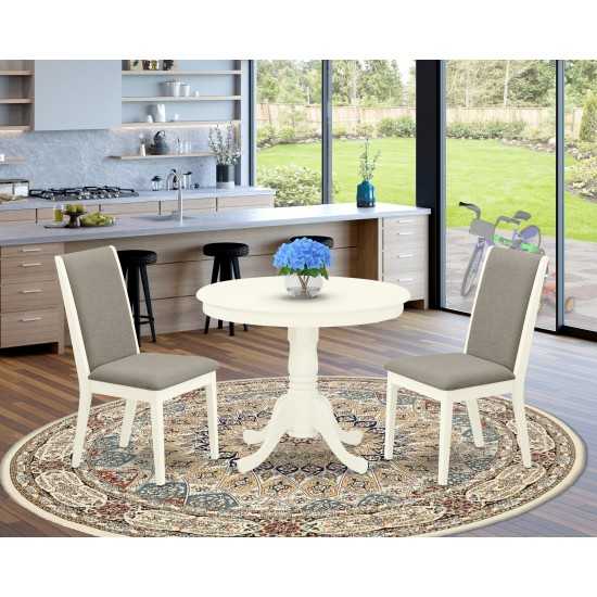 3Pc Round Dining Set, Table, 2 Parson Chairs, Shitake Parson Chairs Seat, Rubber Wood Legs, Linen White