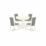 5Pc Dining Set, Round Table, 4 Parson Chairs, Shitake Parson Chairs Seat, Rubber Wood Legs, Linen White