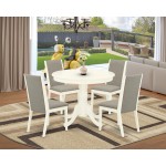 5Pc Dining Set, Round Table, 4 Parson Chairs, Shitake Parson Chairs Seat, Rubber Wood Legs, Linen White