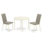 3Pc Dining Set, Round Wood Kitchen Table, 2 Parson Chairs, Shitake Chairs Seat, Rubber Wood Legs, Linen White