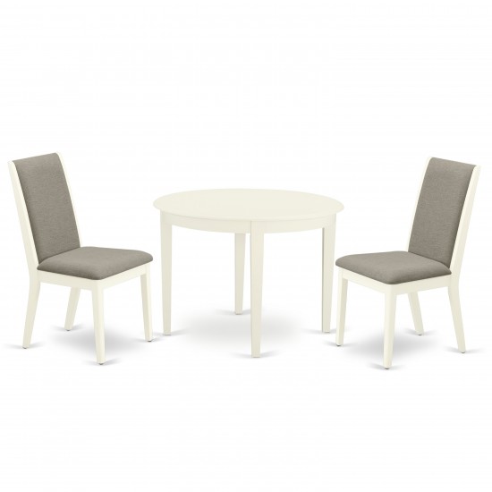 3Pc Dining Set, Round Wood Kitchen Table, 2 Parson Chairs, Shitake Chairs Seat, Rubber Wood Legs, Linen White