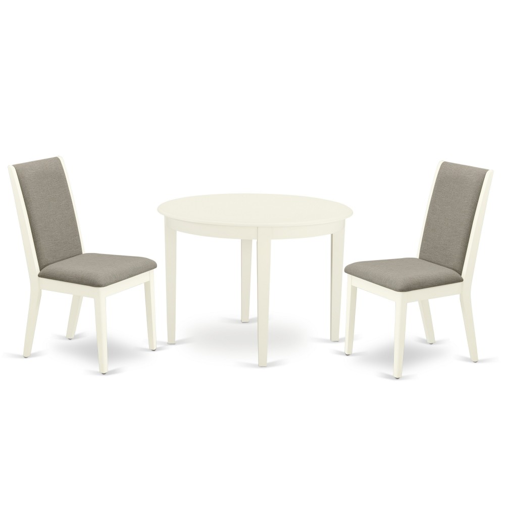 3Pc Dining Set, Round Wood Kitchen Table, 2 Parson Chairs, Shitake Chairs Seat, Rubber Wood Legs, Linen White