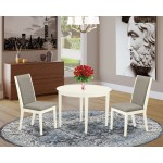 3Pc Dining Set, Round Wood Kitchen Table, 2 Parson Chairs, Shitake Chairs Seat, Rubber Wood Legs, Linen White