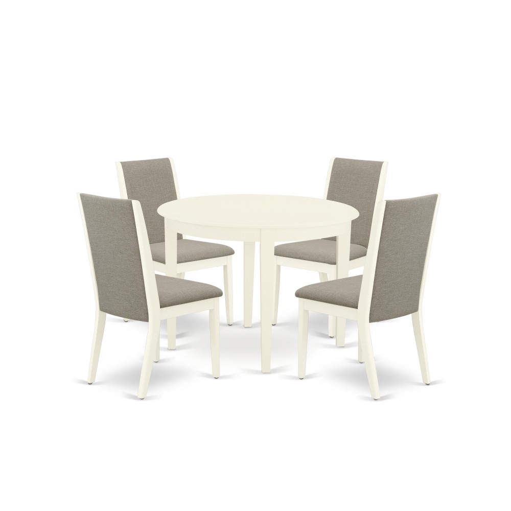 5Pc Kitchen Set, Round Dining Table, 4 Parson Chairs, Shitake Dining Chairs Seat, Rubber Wood Legs, Linen White