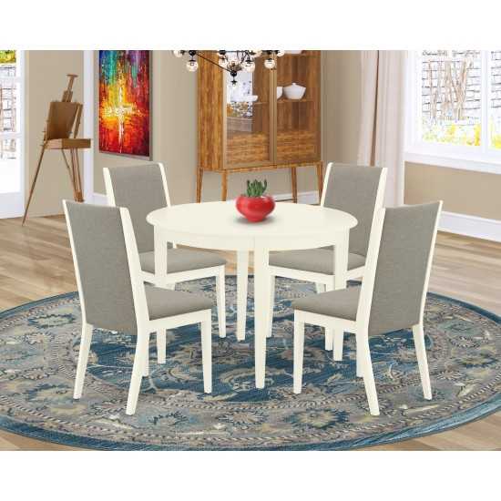 5Pc Kitchen Set, Round Dining Table, 4 Parson Chairs, Shitake Dining Chairs Seat, Rubber Wood Legs, Linen White