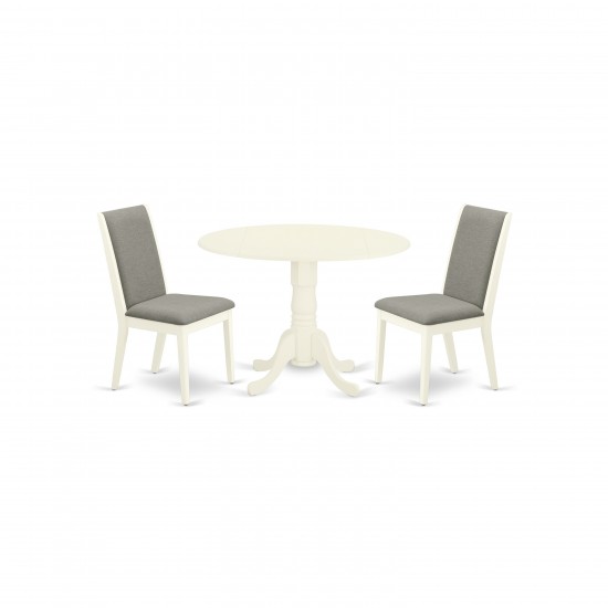 3Pc Kitchen Dining Set, Round Breakfast Table, 2 Chairs, Shitake Chairs Seat, Rubber Wood Legs, Linen White